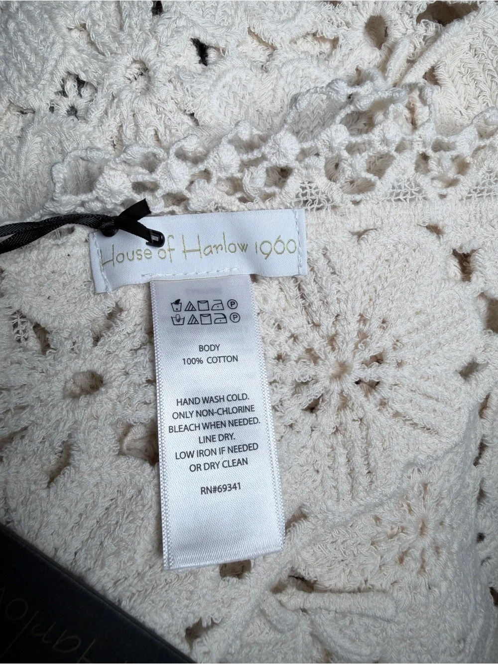 House of Harlow 1960 Ivory Crochet Fringe Triangle Shawl 100% Cotton